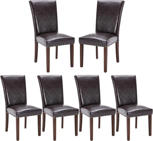 Miniatura 16 de COLAMY Juego de 6 sillas de comedor tapizadas Parsons, sillas laterales de tela para comedor y cocina con ribete de tachuelas y patas de madera