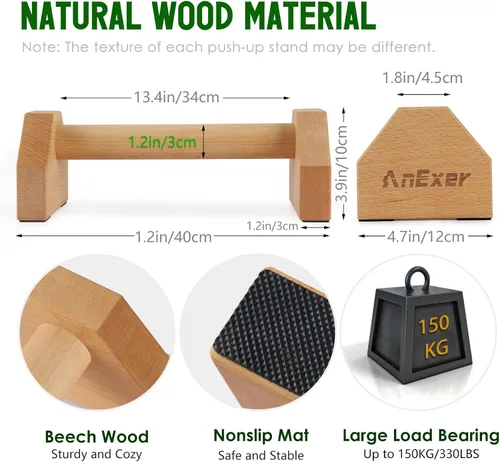 Miniatura 2 de soportes de empuje, barras de paralelas de mano, barras de empuje de madera sólida con alfombrilla antideslizante, mangos de empuje para ejercicio