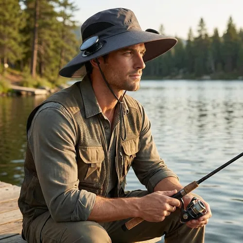 Miniatura 6 de Sombrero de ventilador alimentado por energía solar, con 2 ventiladores de carga solar USB extraíbles, sombrero de ala ancha para pesca al aire