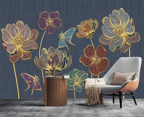 Miniatura 2 de Papel pintado 3D de flores doradas en relieve para dormitorio, 103 x 69 pulgadas