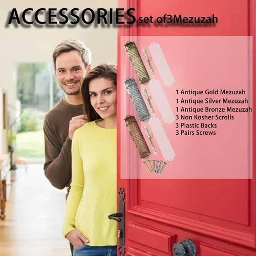 Miniatura 5 de Mezuzah - Juego de 3 mezuzá judía con bendición de casa en inglés/hebreo, cajas de metal con pergaminos no kosher, oro, plata, bronce