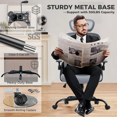 Miniatura 8 de Silla de oficina ergonómica, silla de escritorio de malla con soporte lumbar ajustable 2D, alivia el dolor de espalda durante largos días de trabajo