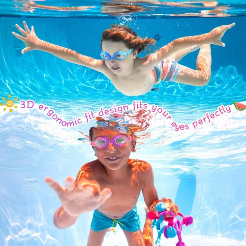 Miniatura 7 de Macarrie 6 gafas de natación para niños, sin fugas, antiniebla, para niños y niñas, con clip para la nariz, tapones para los oídos, de 3 a 14 años