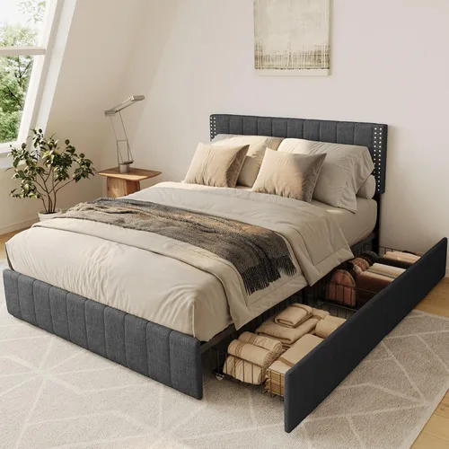 Gizoon Estructuras de cama Full con 4 cajones de almacenamiento sobre ruedas y cabecero ajustable, se adapta a colchones de 6" a 12" pulgadas, no