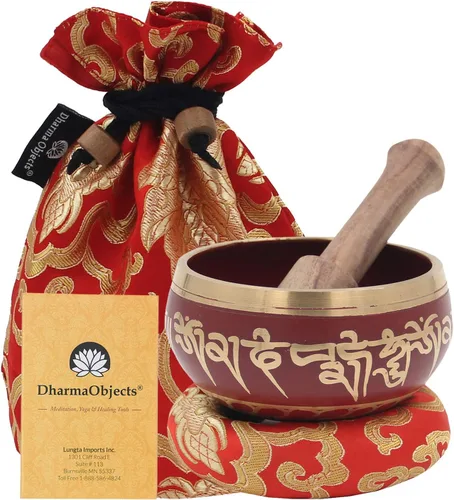 Miniatura 17 de DharmaObjects ~ Juego de cuencos tibetanos OM con mazo, cojín de brocado y bolsa de transporte ~ para meditación, curación de chakras, oración, yoga