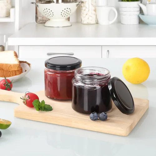 Miniatura 4 de Paquete de 24 tarros de vidrio de 5 onzas con tapas, tarros pequeños transparentes de 5.1 fl oz con 24 calcomanías, mini tarro de conservas