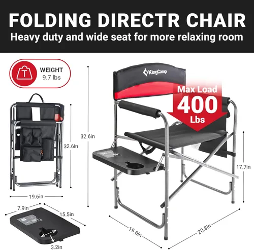 Miniatura 3 de KingCamp Silla de director de camping resistente, plegable con mesa auxiliar y almacenamiento, color rojo Negro/Rojo