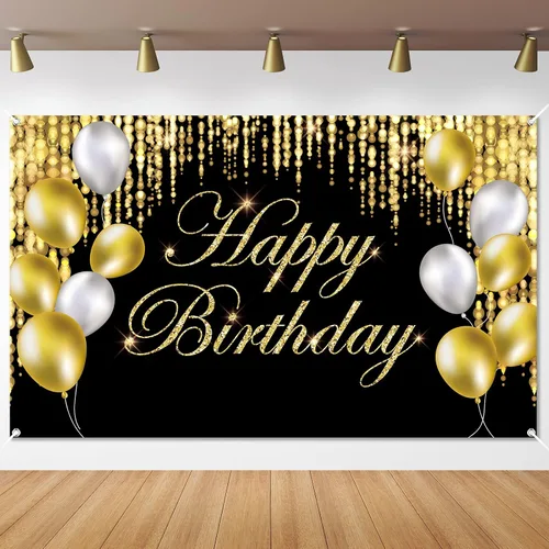 Cartel de feliz cumpleaños negro y dorado con texto en inglés «It's My Birthday», telón de fondo para baby shower, fiesta interior y exterior,