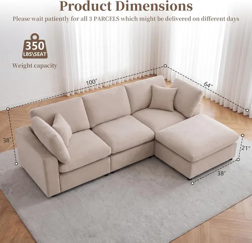 Miniatura 2 de Sofás modulares de nube seccionales para sala de estar, sofá modular grande con otomana, sofá de 3 plazas en forma de L con almohada, color beige