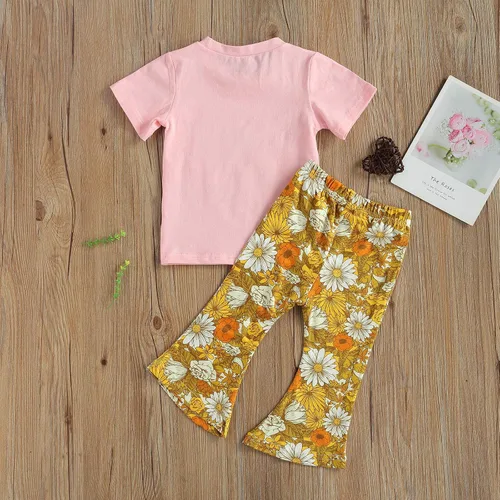 Miniatura 6 de Nie Cuimeiwan Conjunto de 2 piezas de pantalones acampanados para niña pequeña con estampado de letras y pantalones acampanados florales