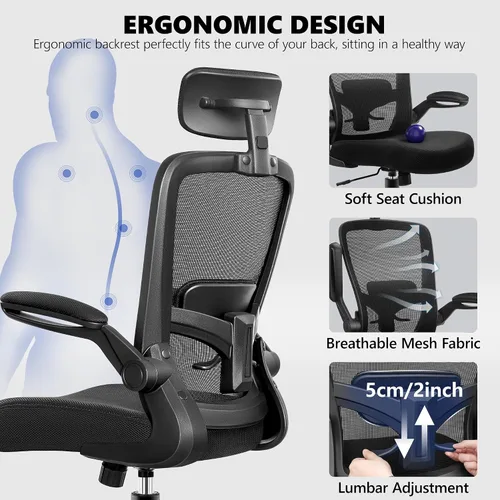 Miniatura 3 de Silla de oficina ergonómica de escritorio, sillas de oficina de malla con respaldo alto con reposacabezas ajustable y brazos abatibles, cómoda silla