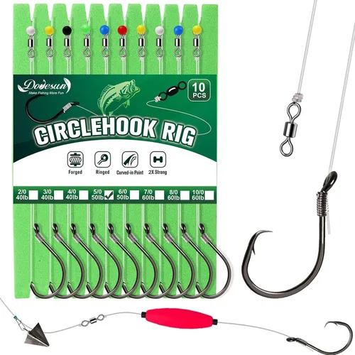 Miniatura 22 de Dovesun 10 piezas de anzuelos pre-ensartados para bagre, anzuelos circulares/de pulpo para bagre, anzuelos circulares offset para pesca de agua