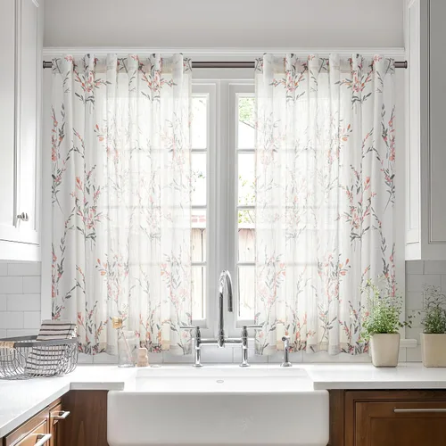 Miniatura 38 de MYSKY HOME Cortinas florales de cocina de 24 pulgadas, cortinas de lino con patrón de flores de granja, bolsillo para barra de filtro de luz aireado