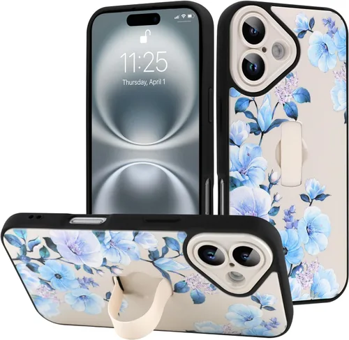 Miniatura 125 de Funda diseñada para iPhone 17 Pro Max con soporte plegable y correa para dedos, bonito patrón de lazo de corazón de flor rosa para mujeres y niñas