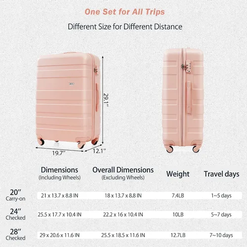 Miniatura 6 de Merax 3 piezas expandible Abs Hardshell Equipaje Sets Spinner Wheel Maleta TSA Lock Suit Case, Rosa (All Pink), Juego de equipaje de 3 piezas