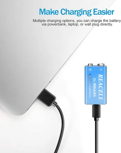 Miniatura 5 de Paquete de 2 baterías de litio recargables de 9 V, baterías de 9 voltios para detector de humo, carga USB de 800 mAh 9 V para micrófonos