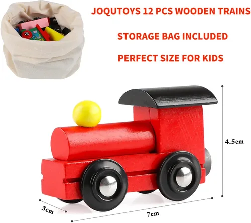 Miniatura 7 de Juego magnético de 12 piezas de tren de madera, incluye 3 motores y bolsa de almacenamiento, juegos de trenes de juguete para niños y niñas