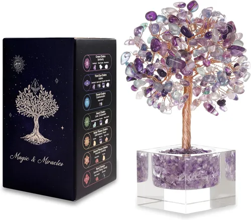 Miniatura 12 de Árbol de la vida de cristal de amatista, decoración de escritorio de oficina en casa, árbol bonsái hecho a mano para calmar, curación espiritual