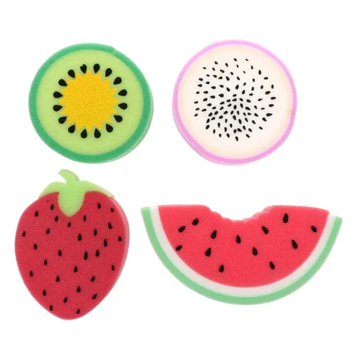 LALAFINA Esponjas de baño de frutas, 4 unidades para niños, lindos fregadores corporales, esponjas de limpieza de ducha para accesorios de baño
