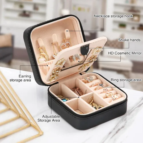 Miniatura 3 de XZUZ Joyero de viaje pequeño con espejo, organizador de joyas portátil, caja de almacenamiento para aretes, anillos, collares, joyería ase