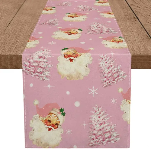 Miniatura 6 de Camino de mesa de Navidad Papá Noel Árbol de Navidad Copo de nieve rosa, caminos largos para invierno, Navidad, decoración para el hogar, cocina