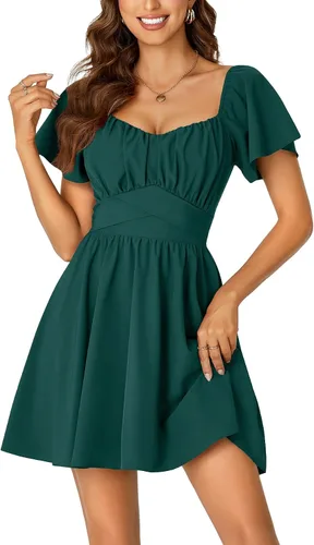 Miniatura 11 de Rooscier Minivestido acampanado de manga corta con volantes, cuello cuadrado, envolvente y espalda anudada para mujer