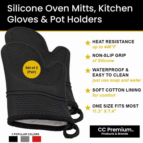 Miniatura 2 de Generic Guantes de silicona para horno, antideslizantes, flexibles, duraderos, fáciles de limpiar, forrados de algodón, color negro (2 unidades)