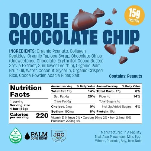 Miniatura 2 de JUSTNOSH Double: barras de proteína de colágeno con chispas de chocolate, 0.55 onzas de proteína, 0.35 onzas de colágeno, sin gluten y lácteos