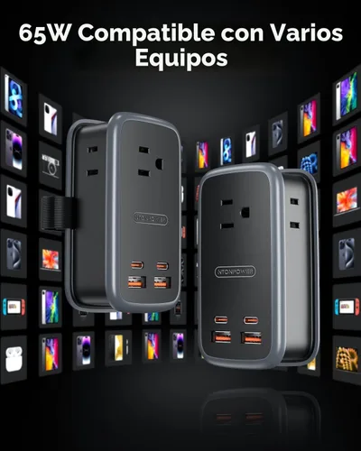 Miniatura 5 de NTONPOWER GAN Ultra Estación de Carga Rápida USB de 65W, Regleta de Energía de Viaje 7 en 1 con 3 Enchufes 4 USB (2 USB C), Cable de Extensión