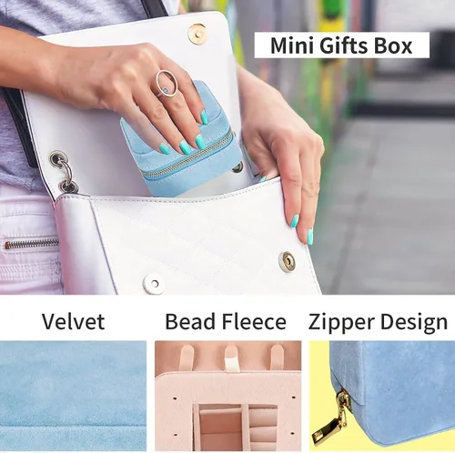 Miniatura 5 de Joyero de terciopelo de viaje con espejo, mini estuche de regalo para mujeres y niñas, pequeñas cajas organizadoras portátiles para anillos, aretes