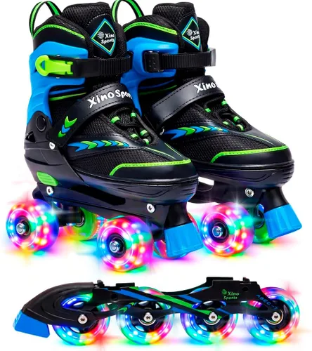 XINO SPORTS Combo 2 en 1, Patines para niños | Patines en línea - Patines intercambiables con luz LED para niños de 6 a 12 años, adolescentes y Verde