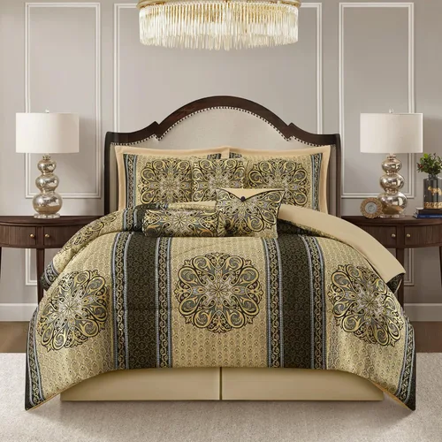 Miniatura 13 de Grand Avenue Juego de edredón negro tamaño King, 10 piezas, edredones y juegos de ropa de cama jacquard, falda de cama a juego, almohadas y fundas