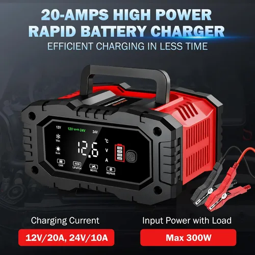 Miniatura 3 de Cargador de batería de coche de 20 amperios, LiFePO4 de 12V/20A y 24V/10A, plomo ácido (AGM/Gel/SLA), cargador inteligente automático de goteo
