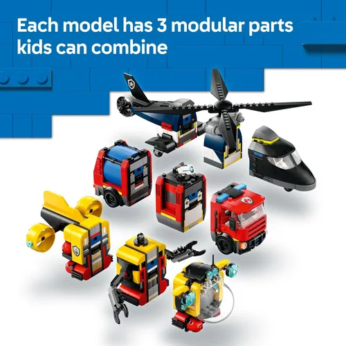 Miniatura 4 de LEGO City Helicopter, camión de bomberos y submarino Remix juguete para niños, 3 juguetes de construcción en 1 para niños y niñas, a partir de 7