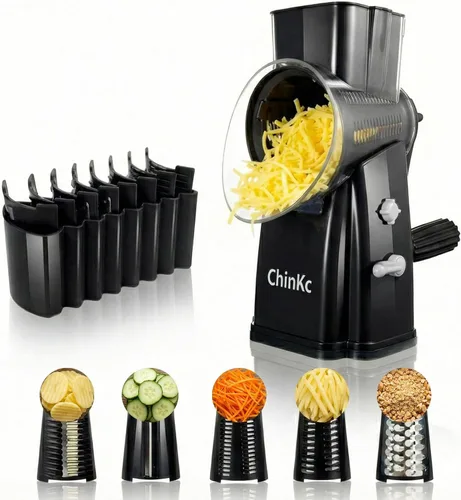 Miniatura 15 de Rallador rotativo de queso mejorado con asa, base de succión fuerte, rebanador giratorio multiusos con 5 cuchillas intercambiables para hielo, Verde