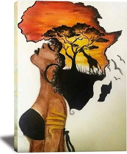 Arte de pared enmarcado afroamericano, póster de mujer africana nostálgica, pintura en lienzo, niña negra, abstracto, puesta de sol, paisaje,