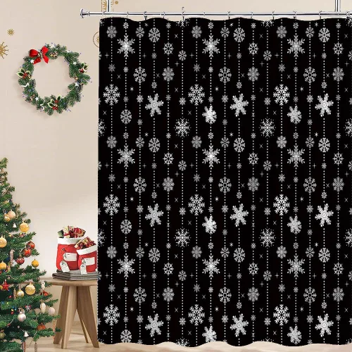 Cortina de ducha de copo de nieve de Navidad, color negro y blanco, copo de nieve de invierno, vacaciones de invierno, feliz año nuevo, juego de