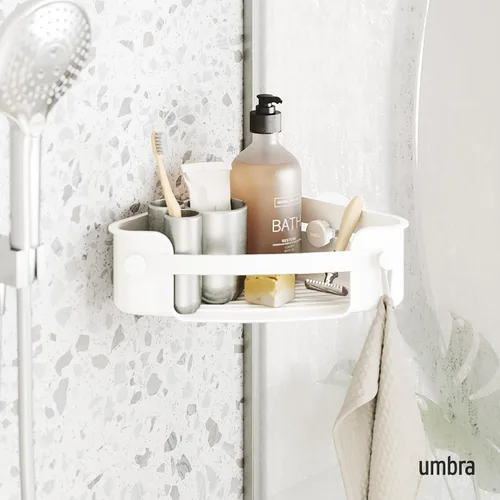 Miniatura 2 de Umbra Estante de esquina de ducha adhesivo flexible para baño, color blanco
