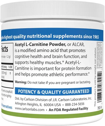 Miniatura 3 de Carlson - Polvo de acetil L-carnitina, aminoácidos de forma libre, salud cognitiva, función cerebral y soporte muscular, 3.53 oz (100 g)