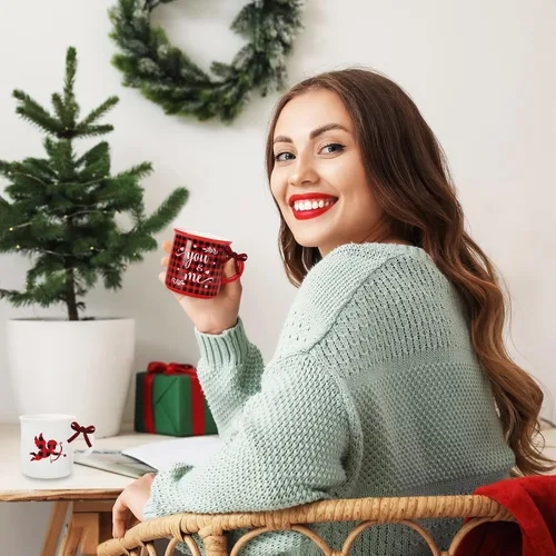 Miniatura 7 de Whaline 6 tazas de café de Navidad con cinta, color rojo y negro, a cuadros, camión, reno, árbol de Navidad, bandeja escalonada, decoración