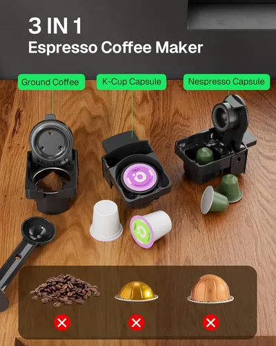 Miniatura 2 de HBN 3 en 1 para cápsulas Nespresso, cápsulas K-Cup y café molido, cafetera múltiple de una sola porción, máquina de café espresso programable de 19