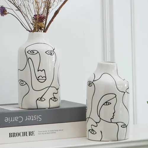 Kimdio Juego de jarrones de cerámica, 2 jarrones de flores de diseño irregular abstracto blanco, decoración moderna del hogar, decoración de sala de