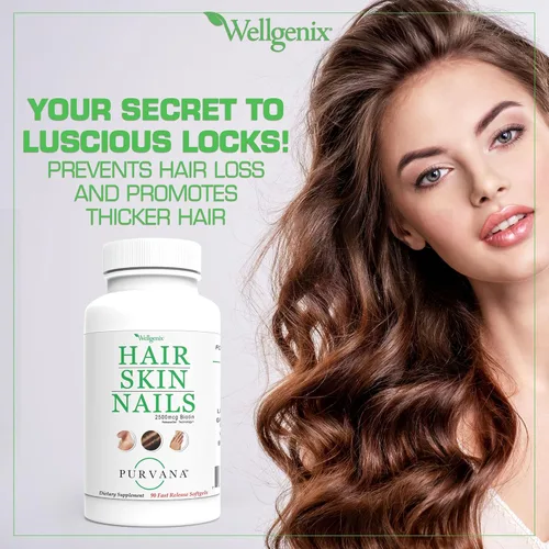 Miniatura 8 de Wellgenix Purvana Suplemento para la piel y las uñas – 2500 mcg de biotina cápsulas blandas con MSM y complejo B – Soporte diario de belleza