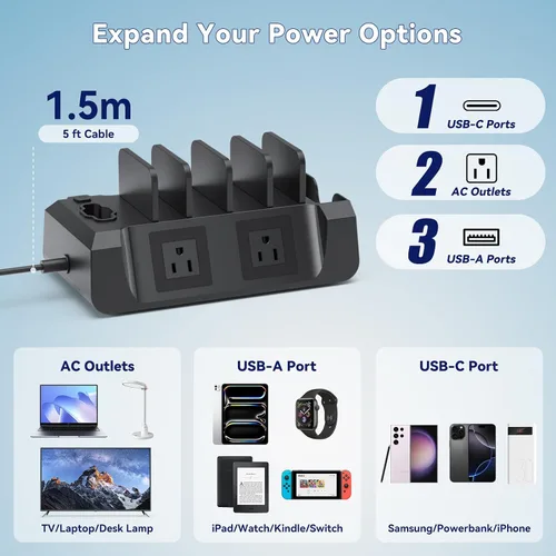 Miniatura 2 de Estación de carga KDD con 6 cables de carga - Estación de carga rápida 6 en 1 para celular con soporte para auriculares y soporte para reloj - 2