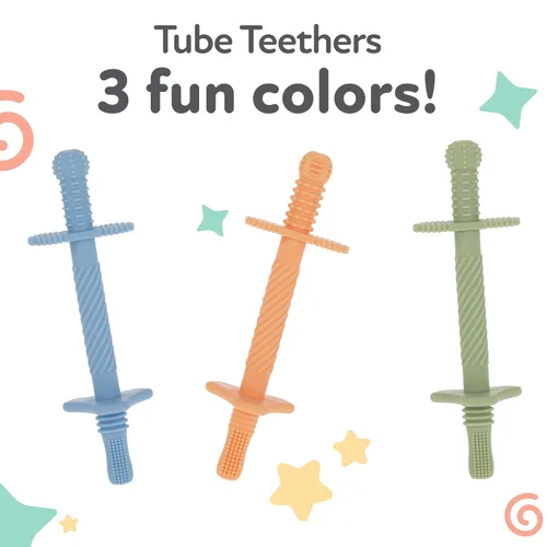 Miniatura 6 de Nuby Mordedores de Silicona Sensorial en Tubo - (Paquete de 3) Juguetes de Dentición Texturizados para Bebés y Lactantes - 3+ Meses - Naranja, Azul
