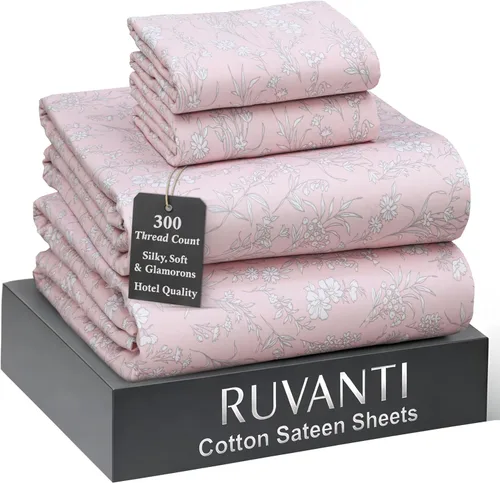Miniatura 16 de RUVANTI Juego de sábanas de 100 % algodón tamaño matrimonial, tejido de satén suave y sedoso de 300 hilos, refrescante, ligero y transpirable, Beige