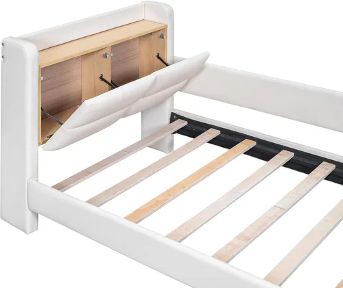 Miniatura 6 de Cama de plataforma tapizada de tamaño individual con barandilla, cabecera de almacenamiento y estribo, para niños, adolescentes y adultos, uso