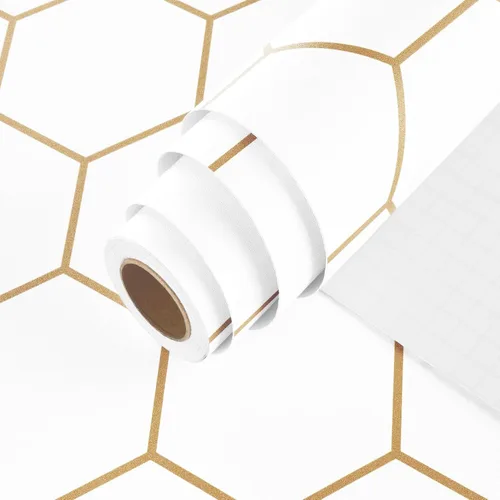 Miniatura 8 de Papel tapiz adhesivo dorado para despegar y pegar, papel tapiz hexagonal extraíble, geométrico, autoadhesivo, moderno, enrejado, de vinilo de 17.5 x
