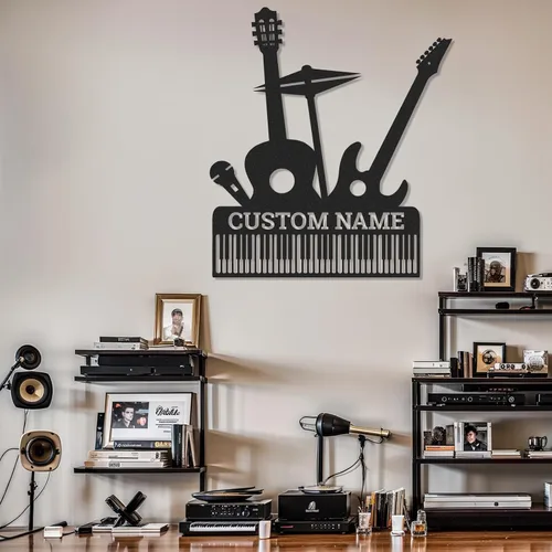 Miniatura 14 de Letrero de guitarra personalizado de metal, letrero de apellido con tema musical personalizado, decoración moderna para sala de música, letreros