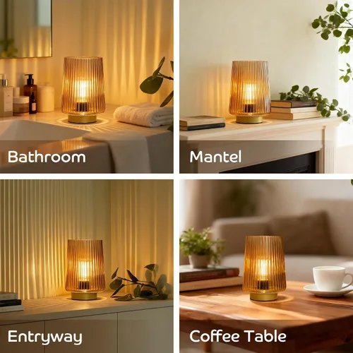 Miniatura 6 de Lámpara a pilas con temporizador, juego de 2 pequeñas y acogedoras lámparas de mesa decorativas de vidrio ambiental para mesita de noche y Ámbar